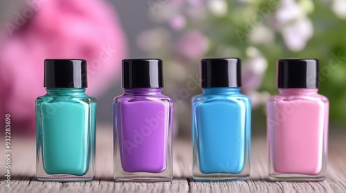 Colorful nail polish bottles lined up on a wooden table with blurred floral b...