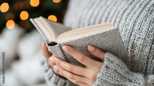 Woman reading a book in a cozy sweater outdoors during autumn