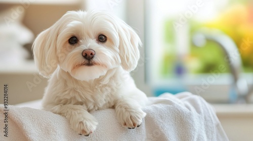 Cute white dog resting on a soft blanket in a cozy indoor setting