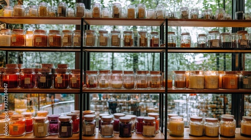 Shelves filled with various jars and candles in a cozy shop during daylight