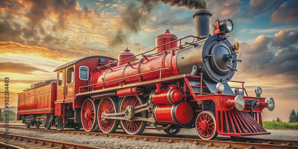 Red Model Steam Engine Vintage of a red steam locomotive on railway tracks Stock Illustration ...