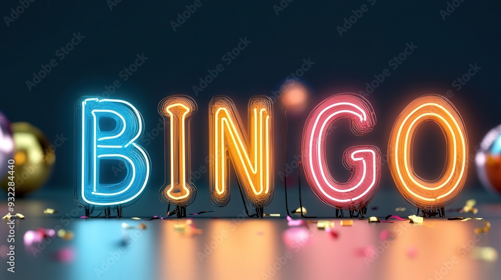 © Barbara Taylor - neon lights that say 'BINGO', celebration for winner, confetti © Barbara Taylor - neon lights that say 'BINGO', celebration for winner, confetti