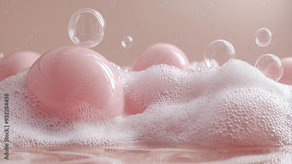 Fototapeta premium A collection of foam spheres levitating atop a white bar of soap positioned on top of a pink tablecloth