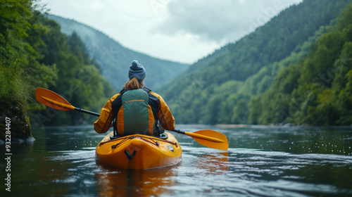 Wallpaper Mural Woman Kayaking in a River Surrounded by Green Mountains Torontodigital.ca