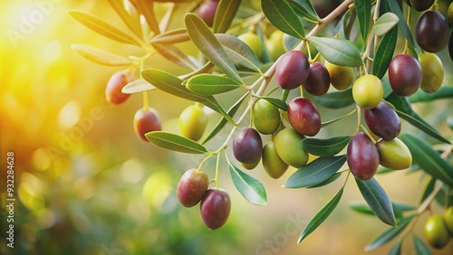 Fresh olives hanging on a lush olive tree branch, olives, green, tree, Mediterranean, harvest, agriculture, organic, ripe, healthy photo