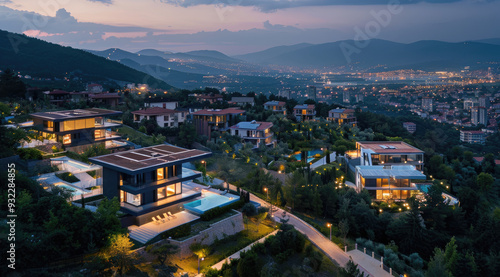 A bird's-eye view of the city, showcasing luxury villas with swimming pools and greenery on top of Mount Snail in Kus photo