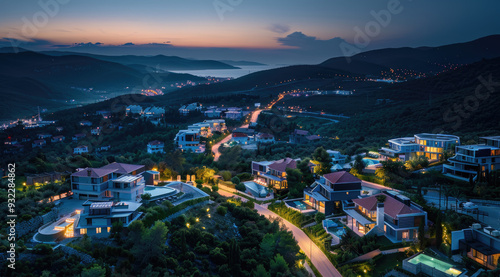 A bird's-eye view of the city, showcasing luxury villas with swimming pools and greenery on top of Mount Snail in Kus photo