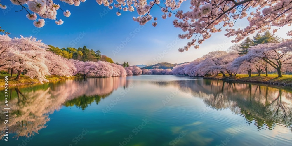 Fototapeta premium Serene lake surrounded by blooming cherry blossoms, cherry blossoms, lake, serene, nature, spring, beautiful, pink