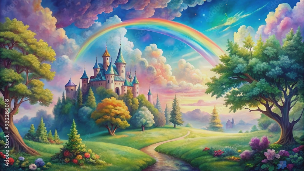 custom made wallpaper toronto digitalFairy tale landscape with castle, trees, rainbows and clouds in watercolor seamless pattern, fairy tale, landscape, castle