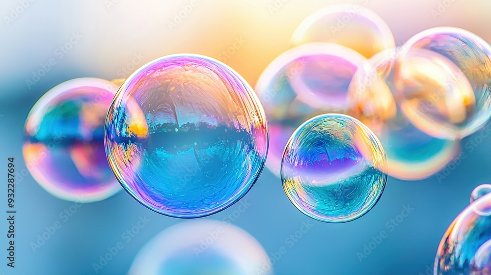 A cluster of foam spheres bobbing atop an azure-green expanse, framed by a cerulean sky A cluster of foam spheres bobbing atop an azure-green expanse, framed by a cerulean sky