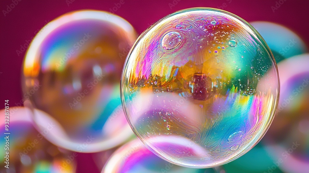   A cluster of foamy spheres bobbing atop a lilac backdrop featuring a metropolis enveloped within them