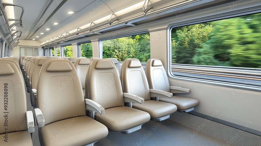 The sleek interior of an electric train showcases beige leather seats and expansive windows, providing travelers with stunning city views as it moves The sleek interior of an electric train showcases beige leather seats and expansive windows, providing travelers with stunning city views as it moves