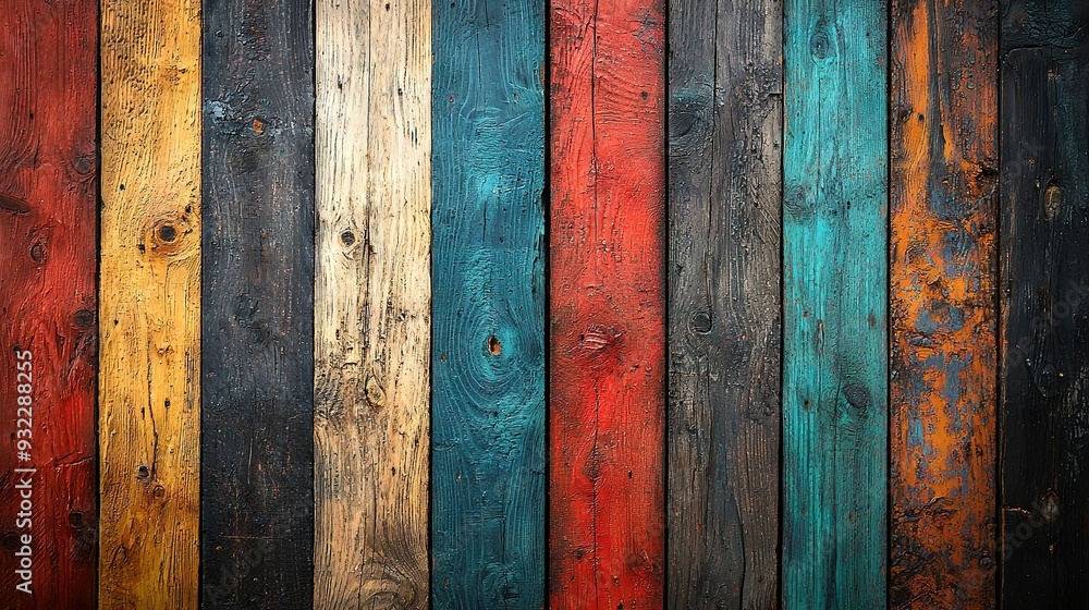A close-up of a colorful wooden wall with a black cat perched on the planks A close-up of a colorful wooden wall with a black cat perched on the planks