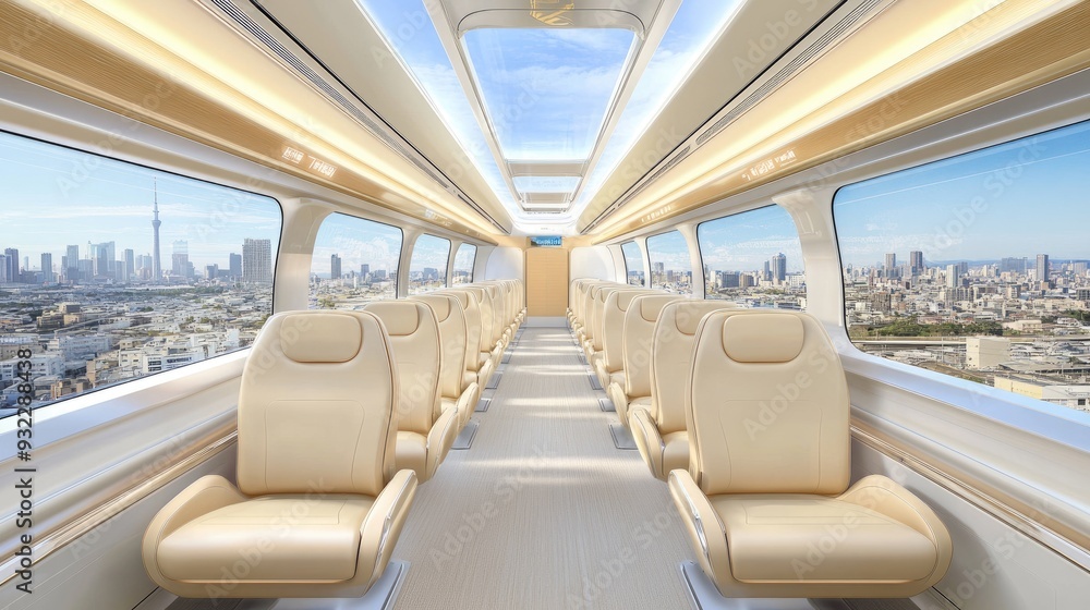 Fototapeta premium The sleek interior of an electric train showcases beige leather seats and expansive windows, providing travelers with stunning city views as it moves