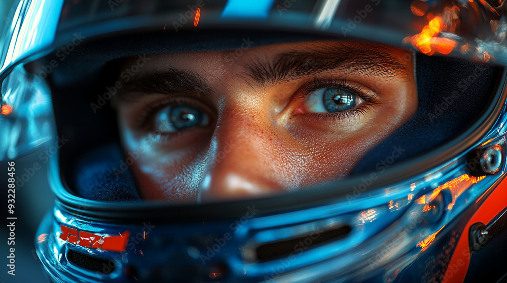 close up of A race driver face, wearing an F1-style helmet close up of A race driver face, wearing an F1-style helmet