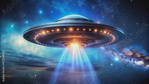 UFO flying in space with glowing lights, ufo, space, unidentified flying object, science fiction, extraterrestrial photo