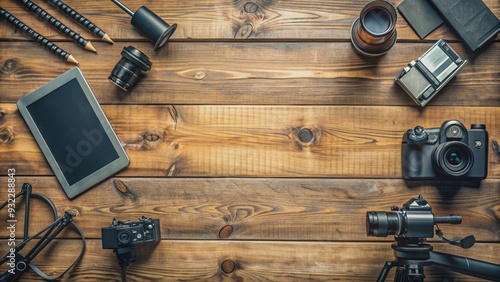 Various video making equipment on wooden table with space for text , indie, movie, production, essentials