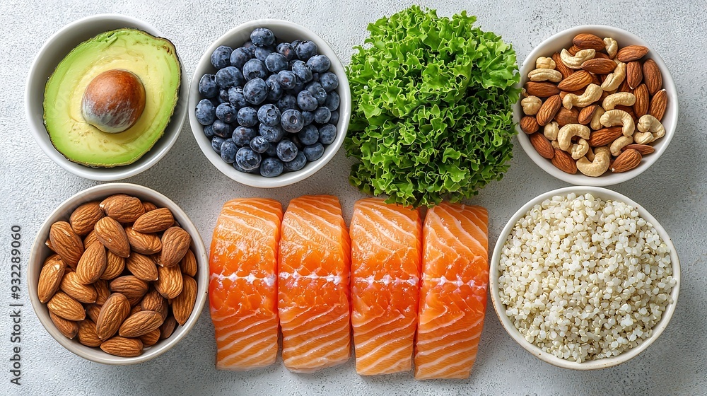 A table topped with bowls full of various dishes and vegetables, along with nuts and avocado, rests atop it A table topped with bowls full of various dishes and vegetables, along with nuts and avocado, rests atop it
