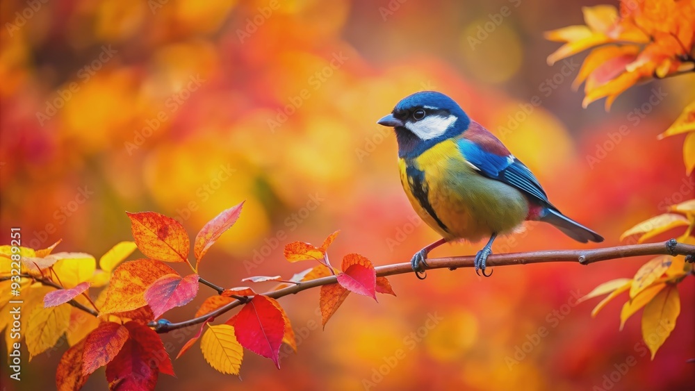 Fototapeta premium Bird perched on a colorful autumn tree branch, bird, tree, autumn, foliage, colorful, perched, feathers, wildlife, nature