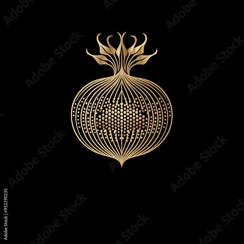 Elegant golden pomegranate design with intricate lines on a black background, representing Jewish New Yearю photo