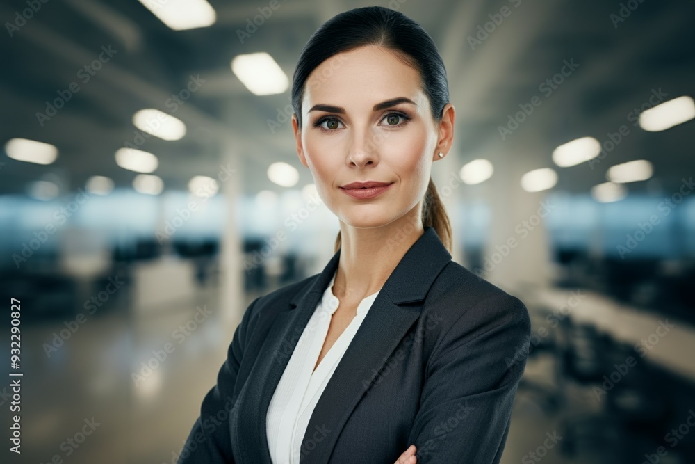 A woman in a business suit is standing in a room with a blurry background A woman in a business suit is standing in a room with a blurry background
