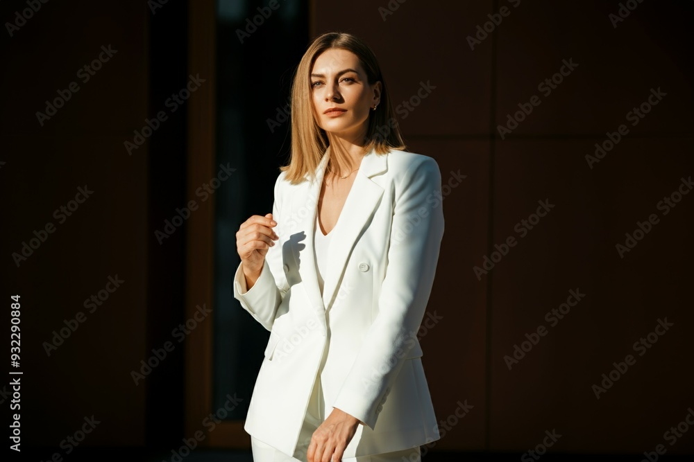 A woman in a white suit is standing in front of a building A woman in a white suit is standing in front of a building