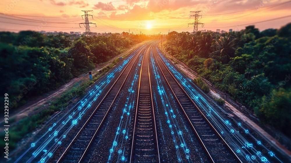 Fototapeta premium An aerial view of a train track with many blue lights on the tracks and a setting sun in the background