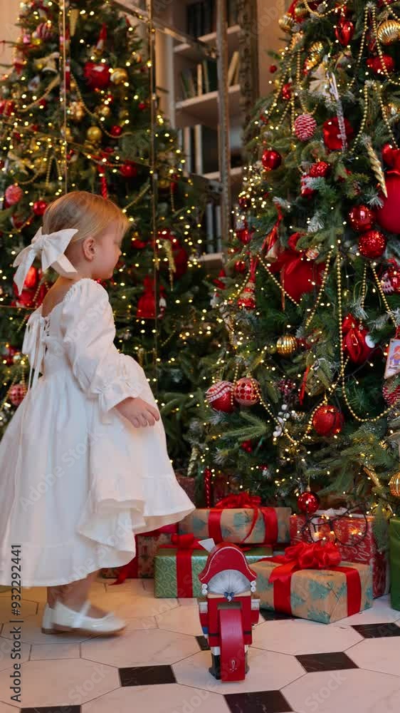 A cute little girl in a white dress and a Nutcracker, a New Year's tale about a revived toy, a Christmas mood, a Christmas tree dressed up for the holiday A cute little girl in a white dress and a Nutcracker, a New Year's tale about a revived toy, a Christmas mood, a Christmas tree dressed up for the holiday