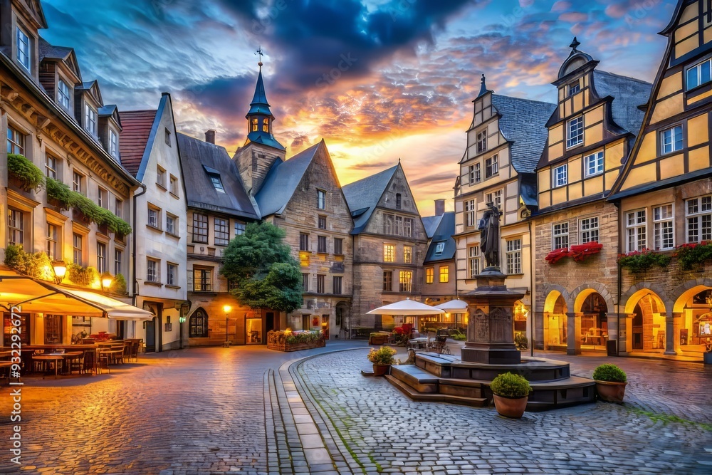Fototapeta premium Ancient facades crowding Old Market Square, labyrinthine streets weaving through time, dark stone exuding history, whispers of the past in every crevice.