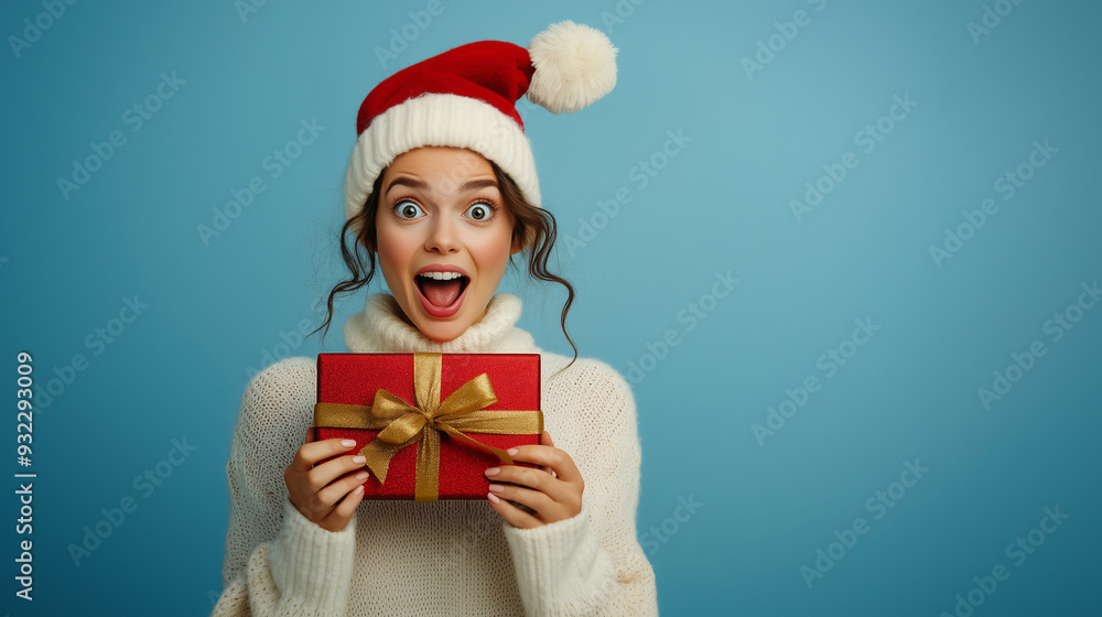 A surprised woman holding an elegant red and gold christmas present, she is wearing a white sweater and santa hat isolated on a blue background. A surprised woman holding an elegant red and gold christmas present, she is wearing a white sweater and santa hat isolated on a blue background.