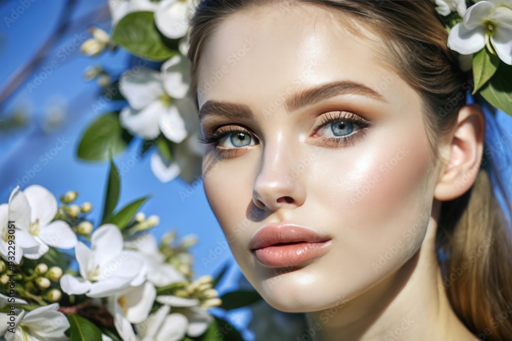 Close-up of a young woman with blue eyes and smooth skin surrounded by blooming white flowers against a clear sky during spring. Generative AI Close-up of a young woman with blue eyes and smooth skin surrounded by blooming white flowers against a clear sky during spring. Generative AI