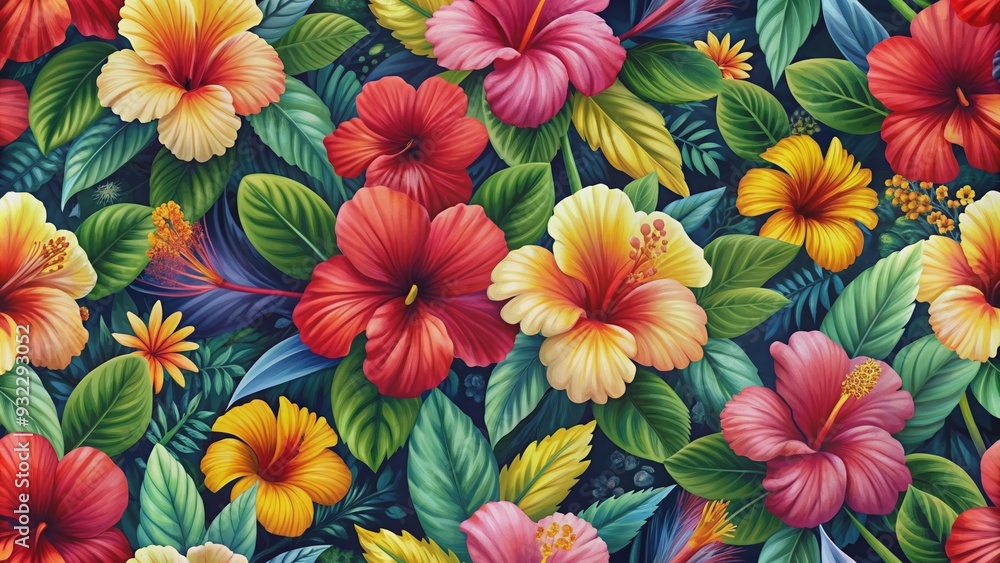Seamless pattern of vibrant hibiscus flowers and botanicals, florals, hibiscus, botanicals, seamless, patterns, vibrant Seamless pattern of vibrant hibiscus flowers and botanicals, florals, hibiscus, botanicals, seamless, patterns, vibrant
