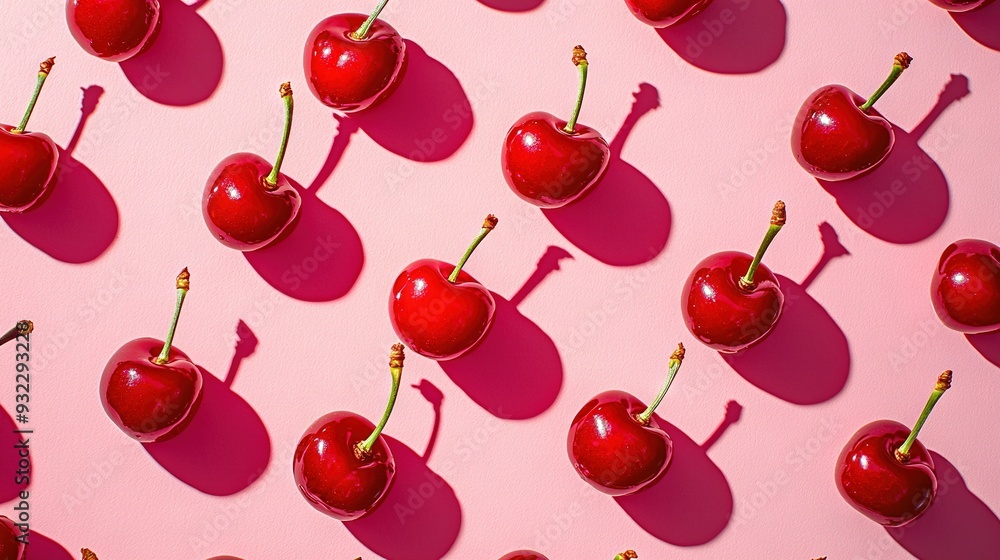 A cluster of scarlet cherries resting atop a pastel background, with a cherry shadow above them A cluster of scarlet cherries resting atop a pastel background, with a cherry shadow above them