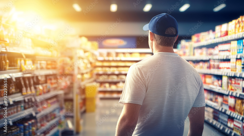 A man wearing a blue hat walks through a grocery store aisle A man wearing a blue hat walks through a grocery store aisle
