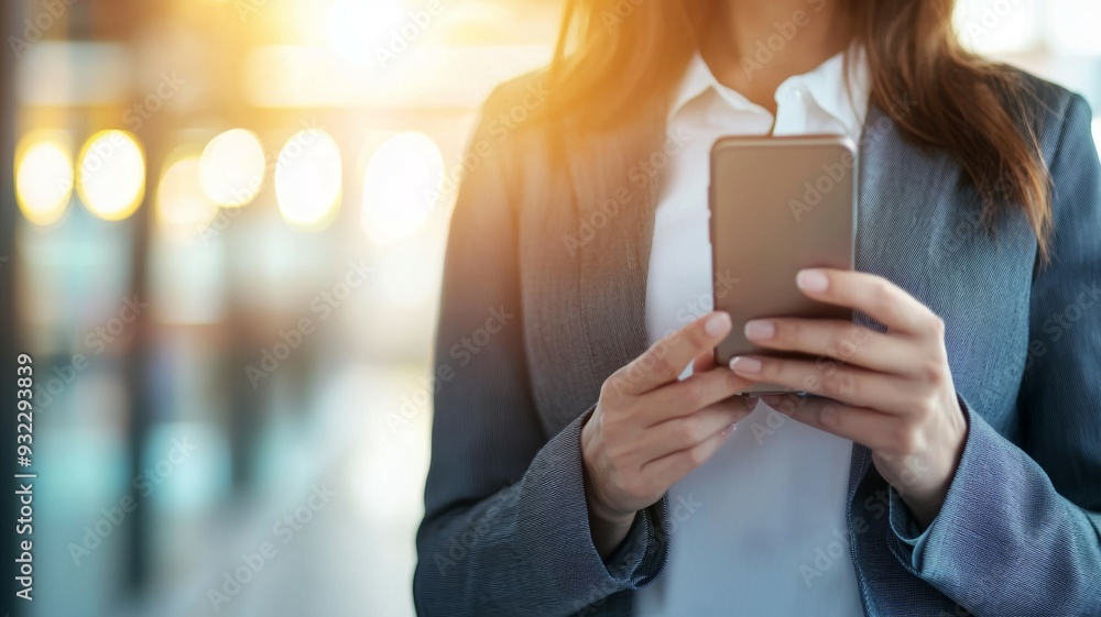 A woman is holding a cell phone in her hand while wearing a business suit A woman is holding a cell phone in her hand while wearing a business suit