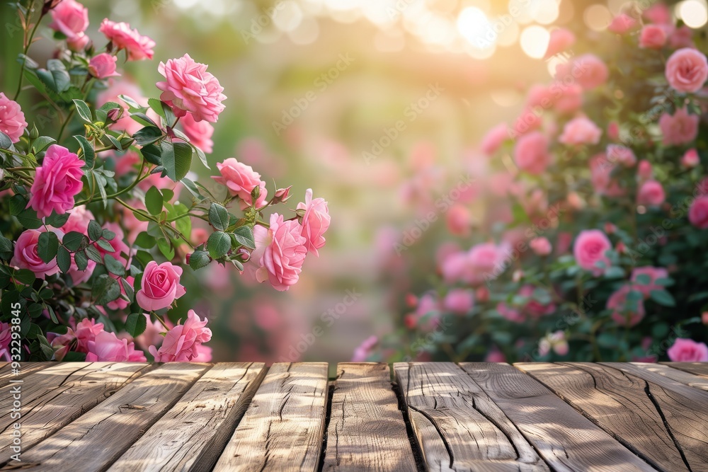 Wooden table with a blurred background of blooming pink roses. Ideal for promoting floral shops or garden events. Copy space. High quality illustration Wooden table with a blurred background of blooming pink roses. Ideal for promoting floral shops or garden events. Copy space. High quality illustration