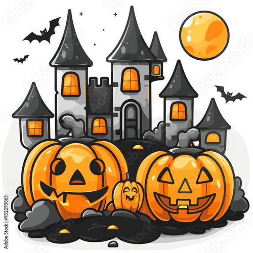 Halloween background with pumpkins and haunted house illustration. Vector illustration.