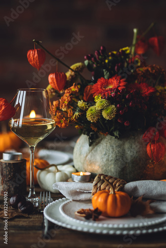Billede på lærred Cozy festive holiday table decor for home family Thanksgiving dinner