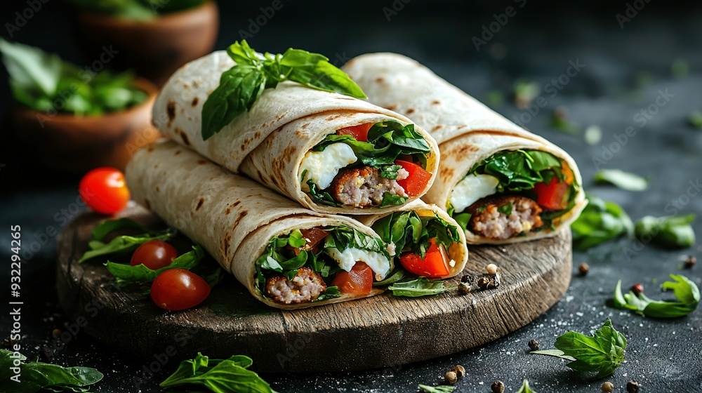 Close-up of burrito on cutting board, topped with tomatoes and lettuce Close-up of burrito on cutting board, topped with tomatoes and lettuce