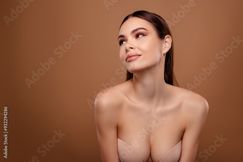 Photo of smiling joy brunette hair girl wear bra brassiere look empty space pastel color background