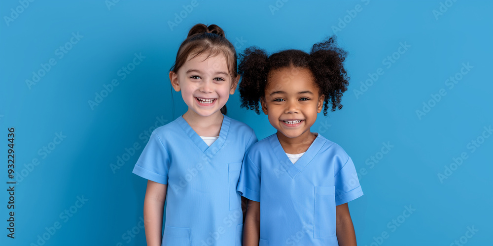 Two young girls wearing blue scrubs are smiling for the camera Two young girls wearing blue scrubs are smiling for the camera