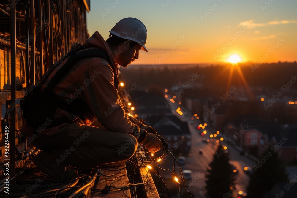 Fototapeta premium Tireless service: men working on electricity pole, experienced workers addressing breakdown in the electricity supply, ensuring restoration of power, labour day with dedication and expertise