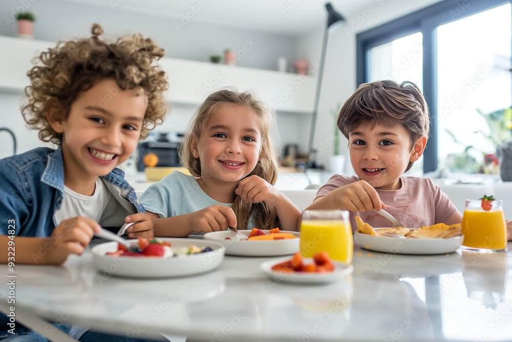Three children are sitting at a table eating breakfast Three children are sitting at a table eating breakfast
