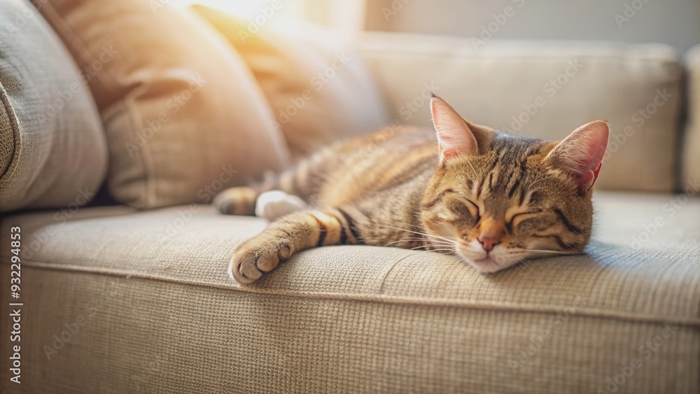 Obraz premium Cat peacefully sleeping on a cozy sofa , cat, sleeping, relaxation, lounging, home, pet, feline, cozy, comfort, peaceful, domestic