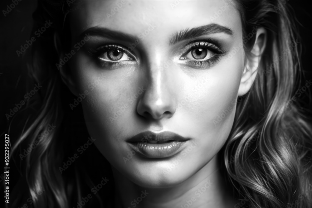 Close-up portrait of a woman with wavy hair and striking features captured in dramatic black and white lighting. Generative AI Close-up portrait of a woman with wavy hair and striking features captured in dramatic black and white lighting. Generative AI