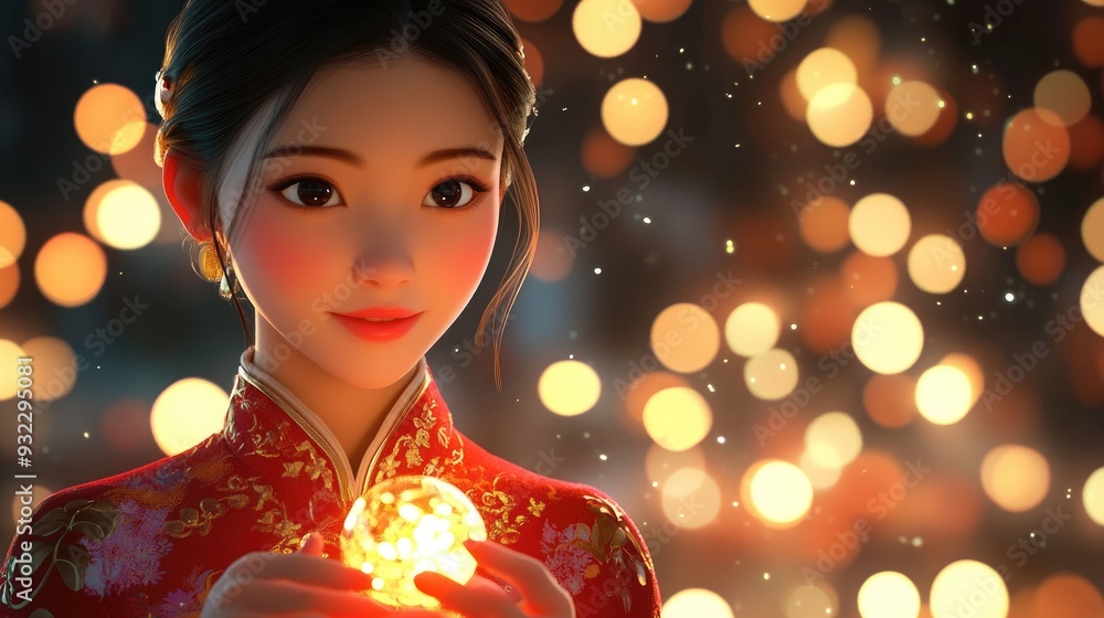 3D cartoon of a lovely Asian woman holding a glowing LED light on a festive night 3D cartoon of a lovely Asian woman holding a glowing LED light on a festive night