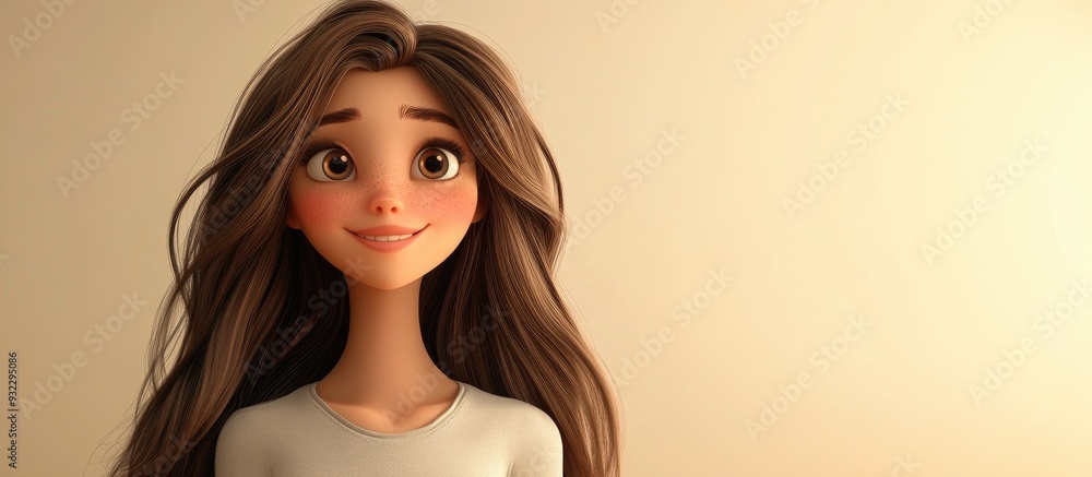 3D Cartoon of a lovely character with long hair smiling charmingly at the viewer against a soft beige backdrop with space for text 3D Cartoon of a lovely character with long hair smiling charmingly at the viewer against a soft beige backdrop with space for text