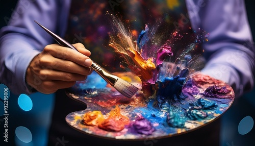 tavolozza con esplosione di colori e pennello