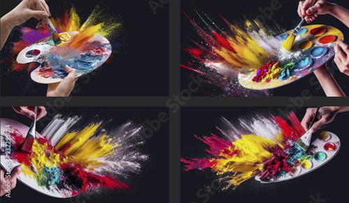 4 tavolozze con esplosione di colori e pennello