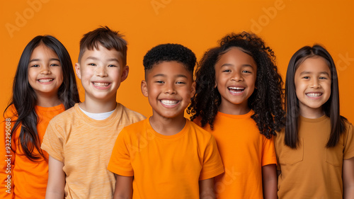 A group of children wearing orange shirts are smiling for the camera